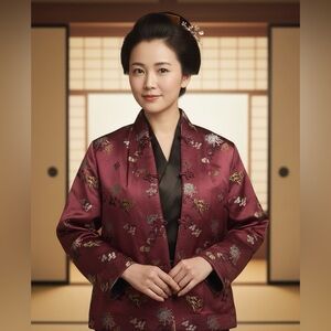 Peony Brand Reversible Kimono Rayon Floral Jacket Black Burgundy Size 40 Women’s